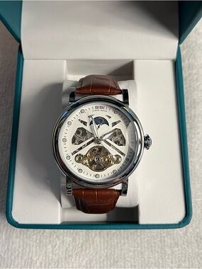 BiBi Silver Skeleton Dial Watch with Brown Leather Strap 47mm